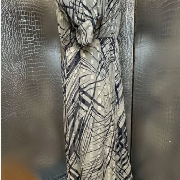 1970s Vintage Mignon Paris Chiffon Dress Women 10 Blue White Abstract Pattern - Picture 7 of 10